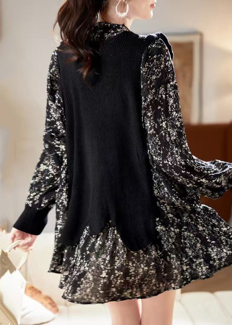 Dress Neck V Black Print Chiffon Unique Spring Mid