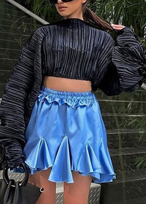 Unique Black Wrinkled Solid Cotton Top Long Sleeve KK046