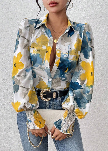 Blouses Blue Spring Button Unique Cotton Print