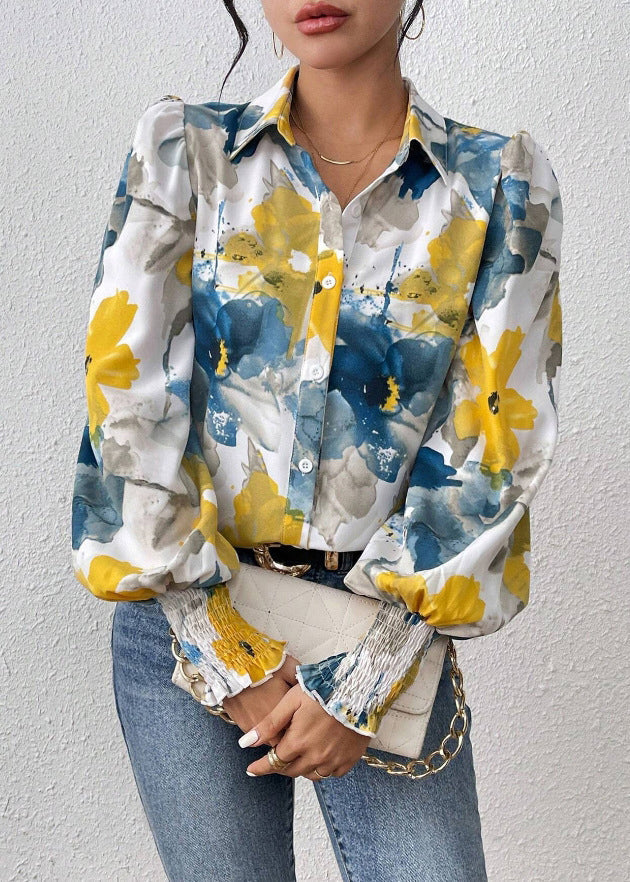 Blouses Print Cotton Blue Unique Spring Button