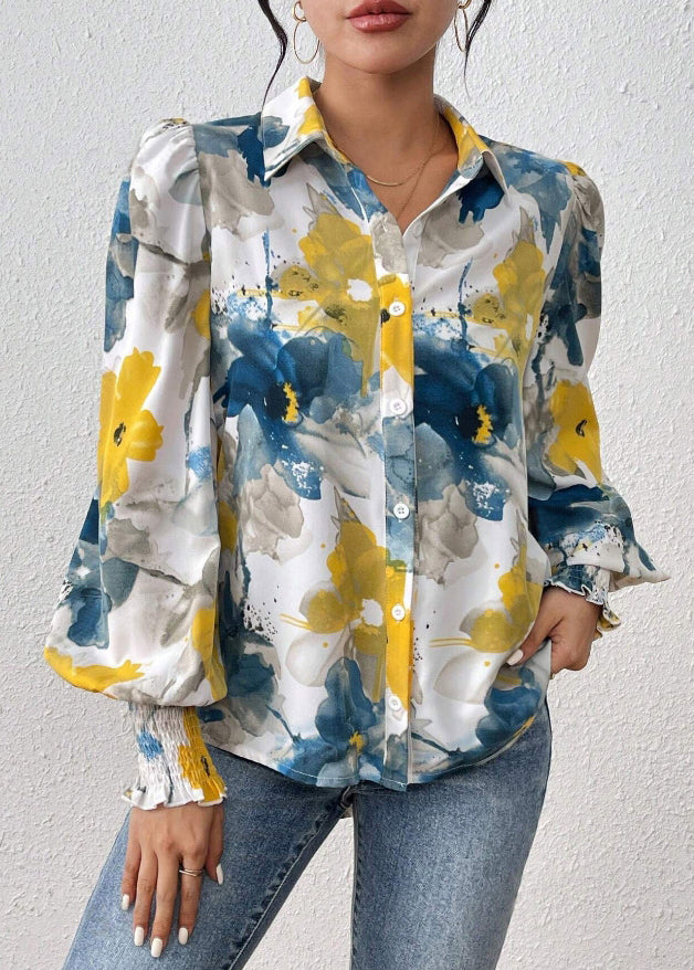 Blouses Blue Spring Button Unique Cotton Print