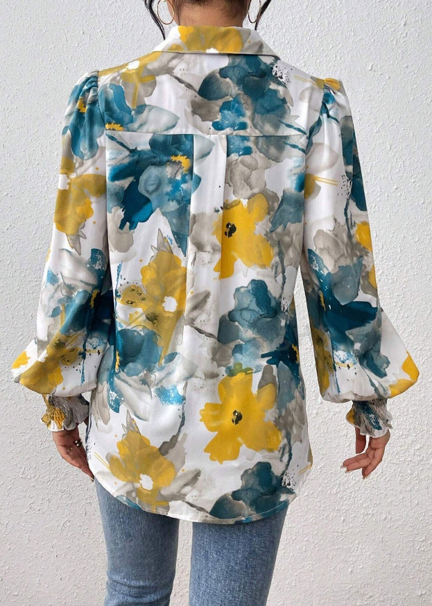 Blouses Print Cotton Blue Unique Spring Button
