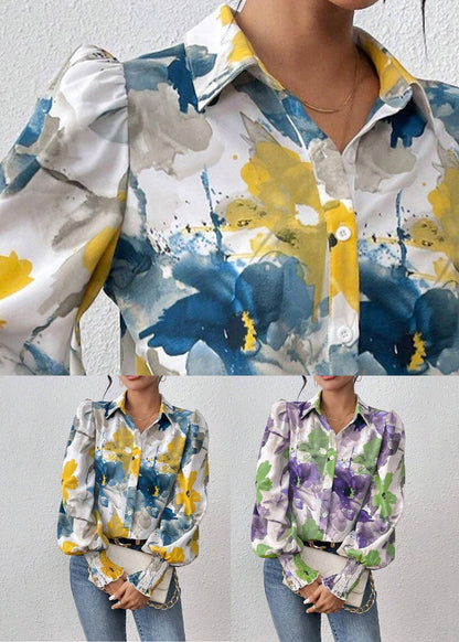 Blouses Blue Spring Button Unique Cotton Print