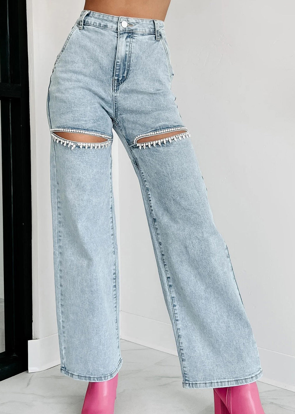 Unique Summer Straight High Waist Hole Blue Pockets Jeans