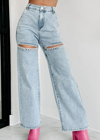 Unique Summer Straight High Waist Hole Blue Pockets Jeans