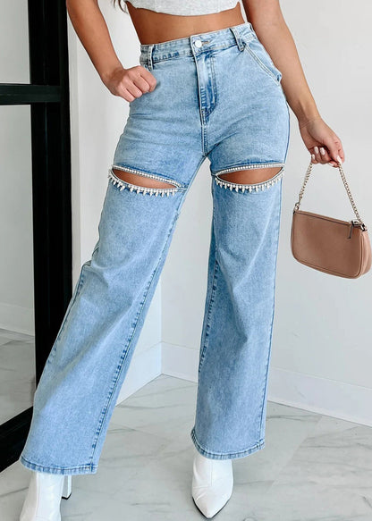 Unique Summer Straight High Waist Hole Blue Pockets Jeans