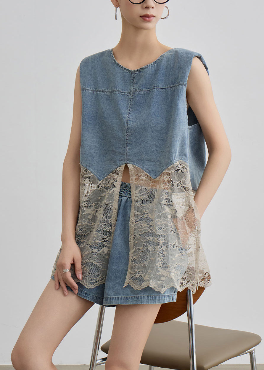 Two O Unique Pieces Blue Denim Lace Set Patchwork Neck Summer
