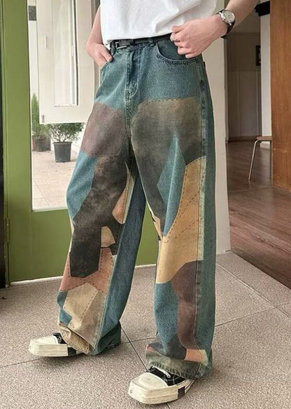 Wide Pockets Waist High Men Denim Print Blue Leg Unique Pants