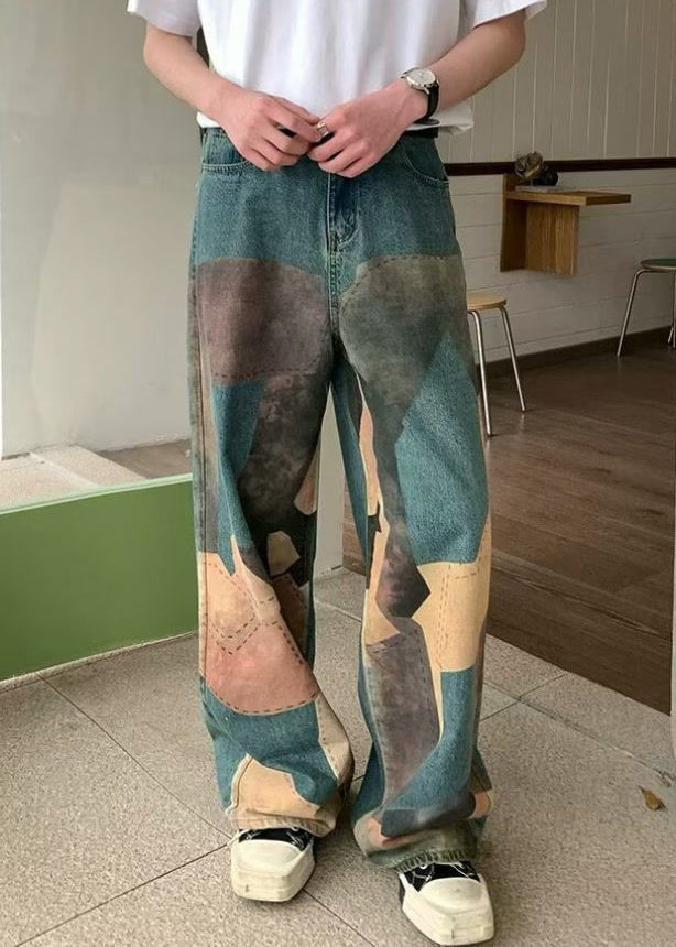 Wide Pockets Waist High Men Denim Print Blue Leg Unique Pants