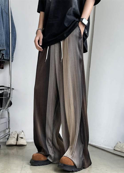 Men Elastic Patchwork Ice Unique Brown Waist Wide Leg Silk Pants