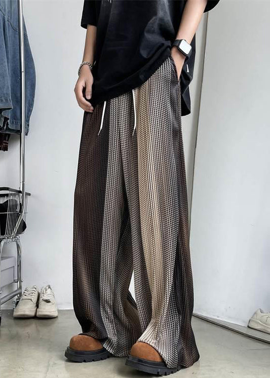 Men Elastic Patchwork Ice Unique Brown Waist Wide Leg Silk Pants