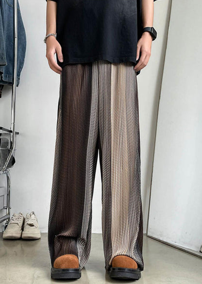 Men Elastic Patchwork Ice Unique Brown Waist Wide Leg Silk Pants