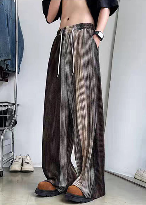Men Elastic Patchwork Ice Unique Brown Waist Wide Leg Silk Pants