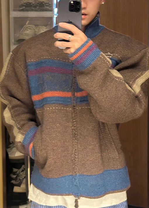 Unique Coffee Zip Up Striped Patchwork Knit Mens Cardigan Spring TK003