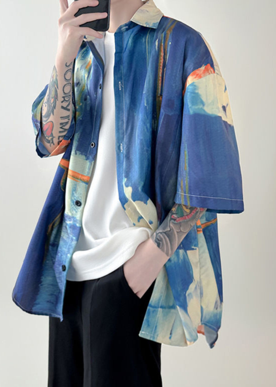 Tie Dye Button Shirts Unique Mens Colorblock Summer Cotton