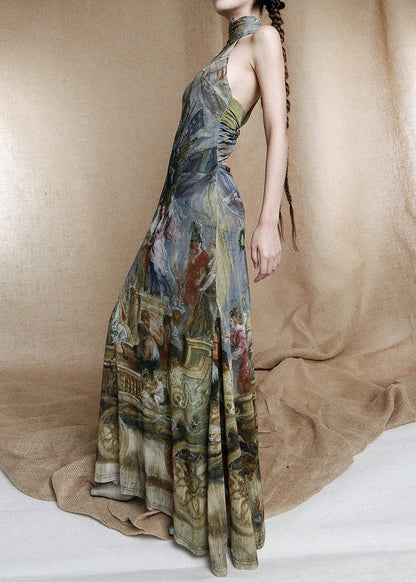 Unique Colorblock Turtleneck Print Cotton Long Dress Sleeveless KK076