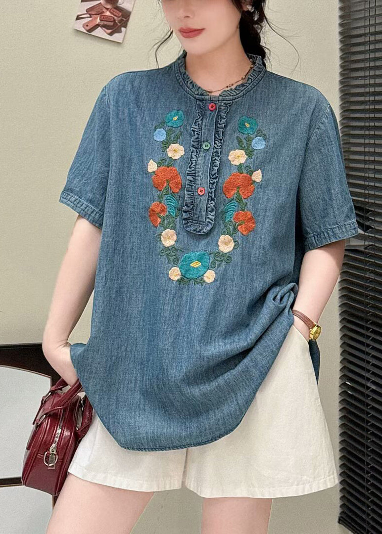 Summer Shirt Ruffled Unique Blue Embroidered Denim