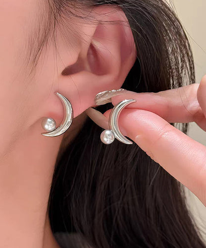 Sterling Gold Unique Asymmetrical Pearl Silver Overgild Hoop Moon