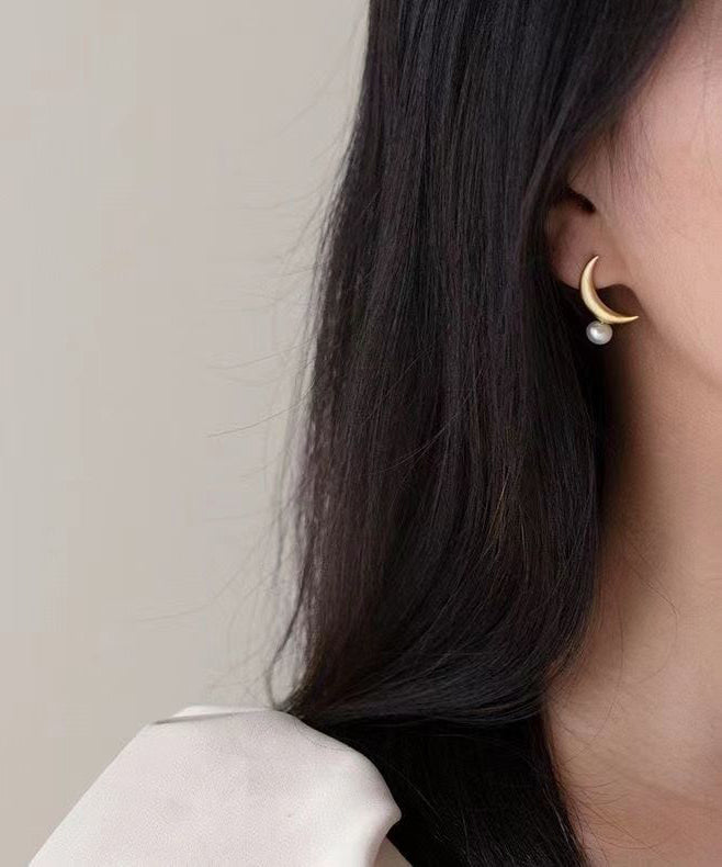 Sterling Gold Unique Asymmetrical Pearl Silver Overgild Hoop Moon