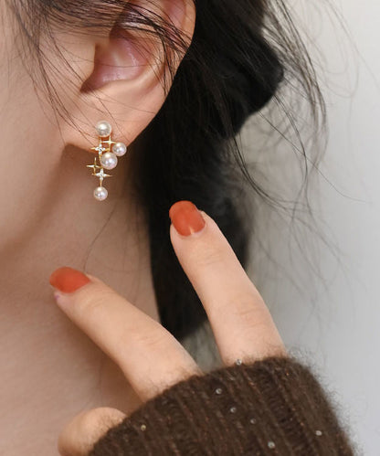 Unique Gold Sterling Silver Overgild Pearl Star Stud Earrings TX048