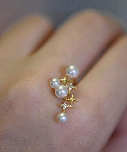 Unique Gold Sterling Silver Overgild Pearl Star Stud Earrings TX048