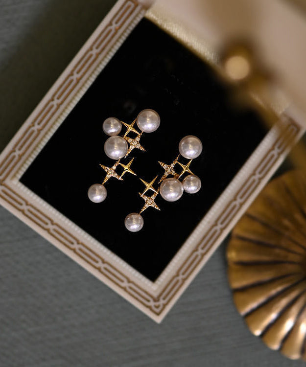 Unique Gold Sterling Silver Overgild Pearl Star Stud Earrings TX048
