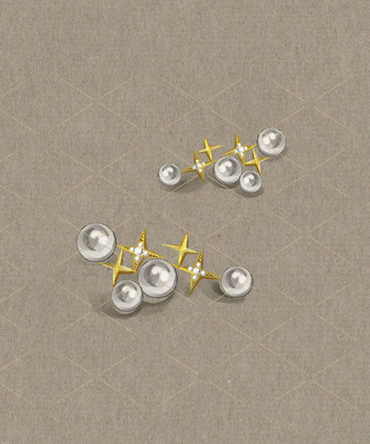 Unique Gold Sterling Silver Overgild Pearl Star Stud Earrings TX048