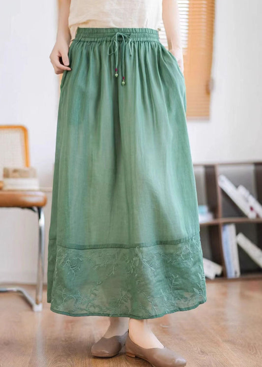 Green Linen Summer Embroidered Patchwork Unique Skirt