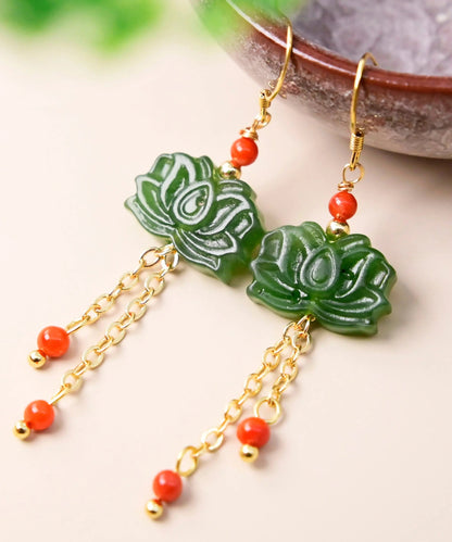 Unique Green Sterling Silver Overgild Inlaid Gem Stone Jade Drop Earrings Ada Fashion