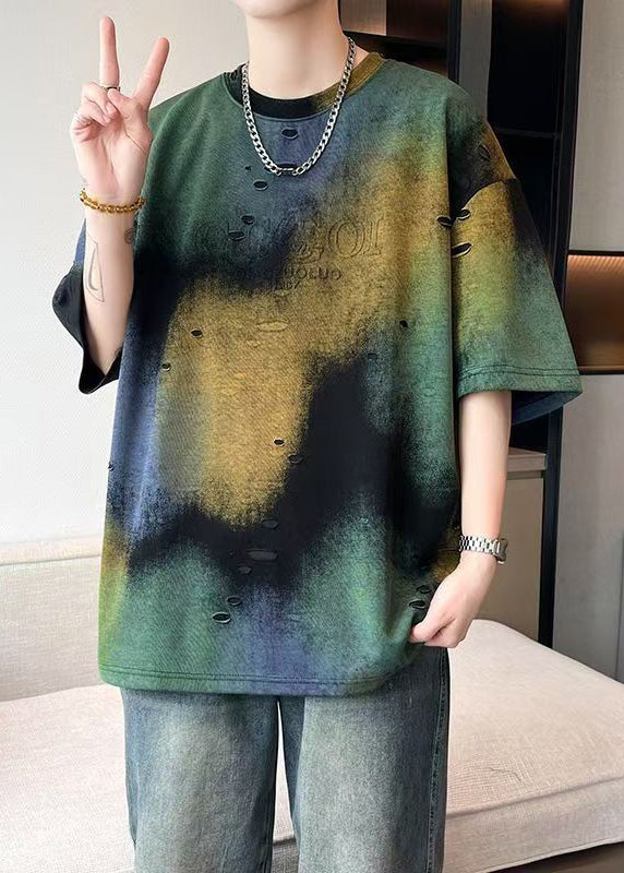 Men Dye Unique T Tie Summer Shirt Green Hole Cotton