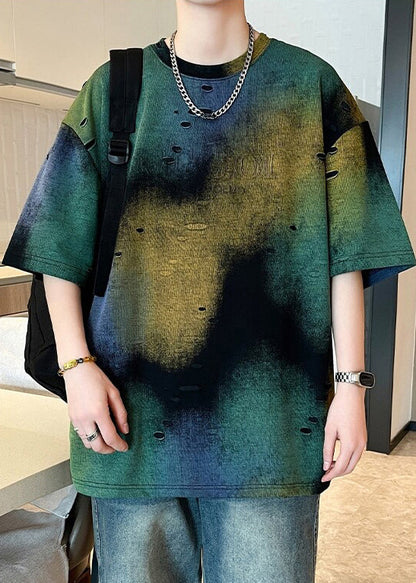 Men Dye Unique T Tie Summer Shirt Green Hole Cotton