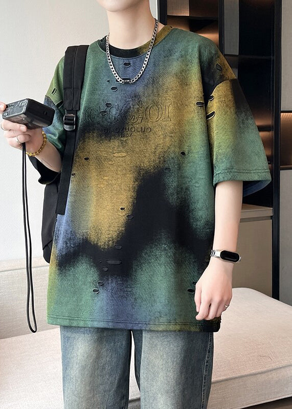 Men Dye Unique T Tie Summer Shirt Green Hole Cotton