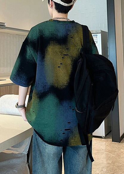 Men Dye Unique T Tie Summer Shirt Green Hole Cotton