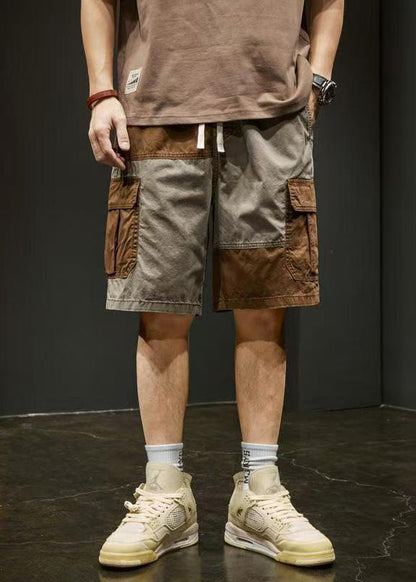 Unique Pockets Elastic Shorts Grey Cotton Waist Patchwork Men