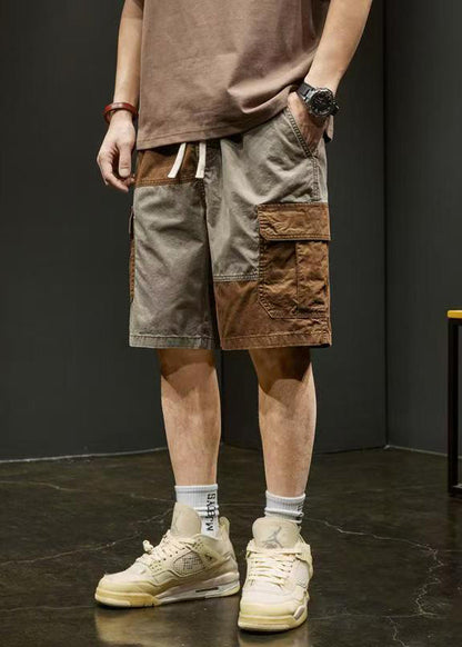Unique Pockets Elastic Shorts Grey Cotton Waist Patchwork Men