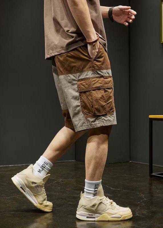 Unique Pockets Elastic Shorts Grey Cotton Waist Patchwork Men