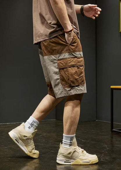 Unique Pockets Elastic Shorts Grey Cotton Waist Patchwork Men