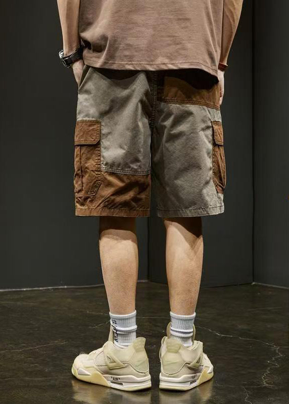 Unique Pockets Elastic Shorts Grey Cotton Waist Patchwork Men