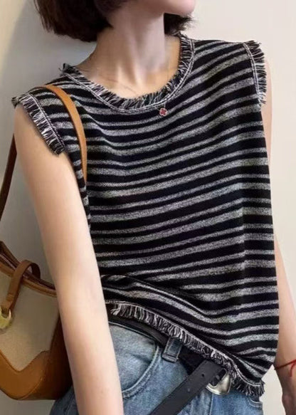 Sleeveless Unique Striped Tank Cotton Tops Tasseled Grey