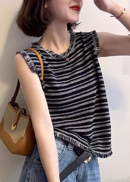 Sleeveless Unique Striped Tank Cotton Tops Tasseled Grey