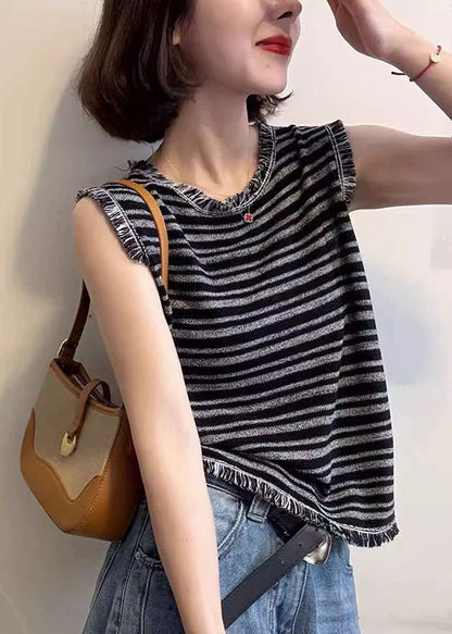 Sleeveless Unique Striped Tank Cotton Tops Tasseled Grey