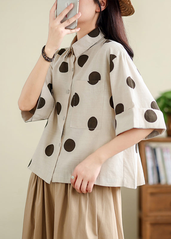 Unique Khaki Oversized Dot Cotton Shirts Half Sleeve TM036