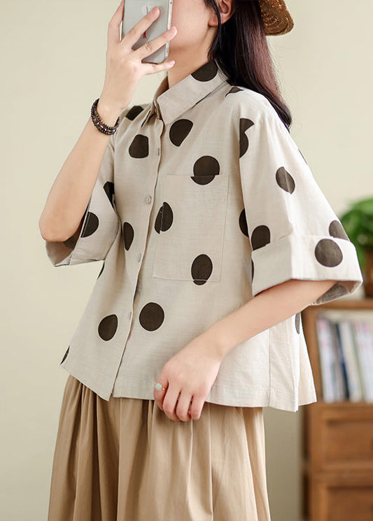 Unique Khaki Oversized Dot Cotton Shirts Half Sleeve TM036