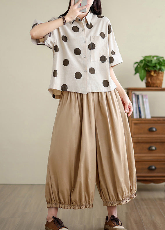 Unique Khaki Oversized Dot Cotton Shirts Half Sleeve TM036