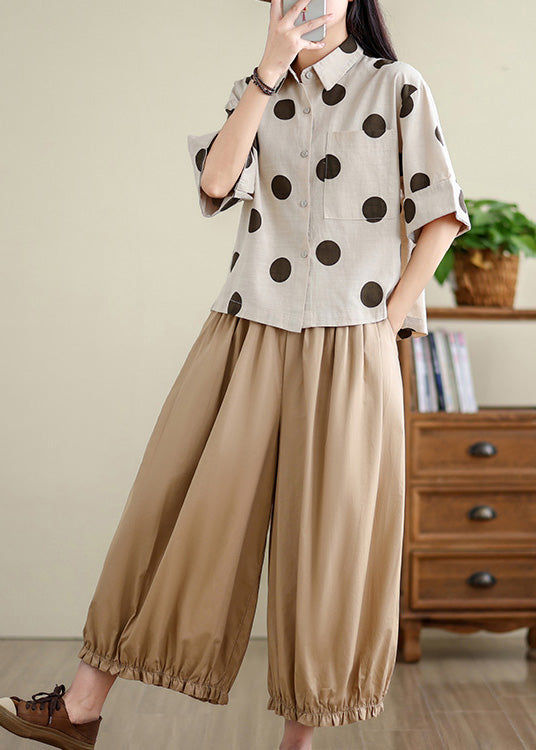 Unique Khaki Oversized Dot Cotton Shirts Half Sleeve TM036