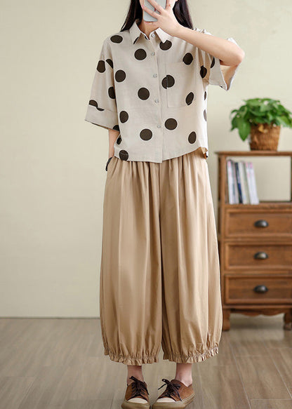 Unique Khaki Oversized Dot Cotton Shirts Half Sleeve TM036