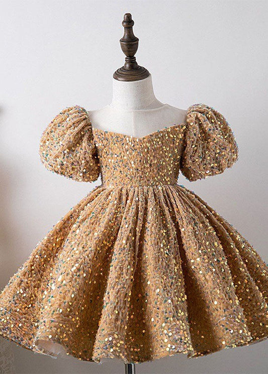 Unique Khaki Patchwork Sequins Kids Long Dress Summer YS012
