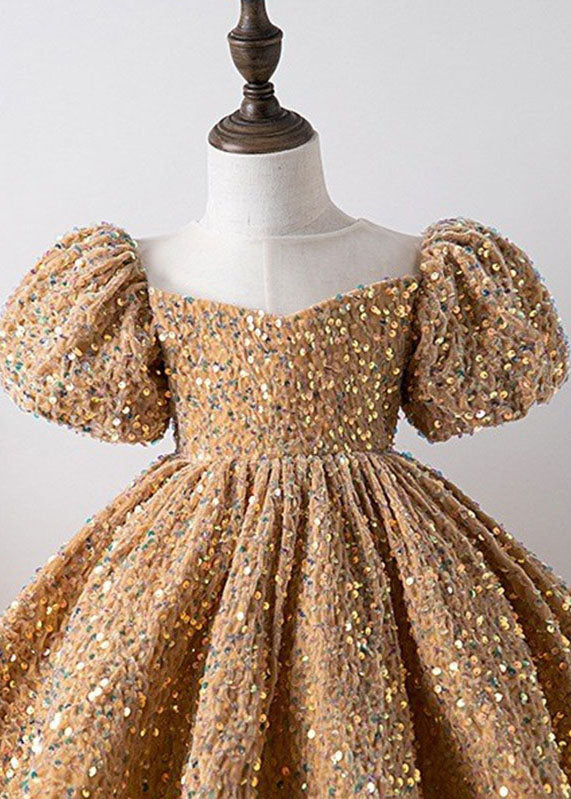 Unique Khaki Patchwork Sequins Kids Long Dress Summer YS012