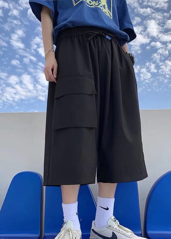 Unique Khaki Pockets Patchwork Elastic Waist Ice Silk Mens Crop Pants YT007