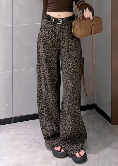 Pants Denim Waist Pockets Leopard Wide Leg High Fall Unique
